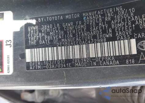 2010 Toyota Corolla S from USA, damaged, VIN 2T1BU4EE0AC472988